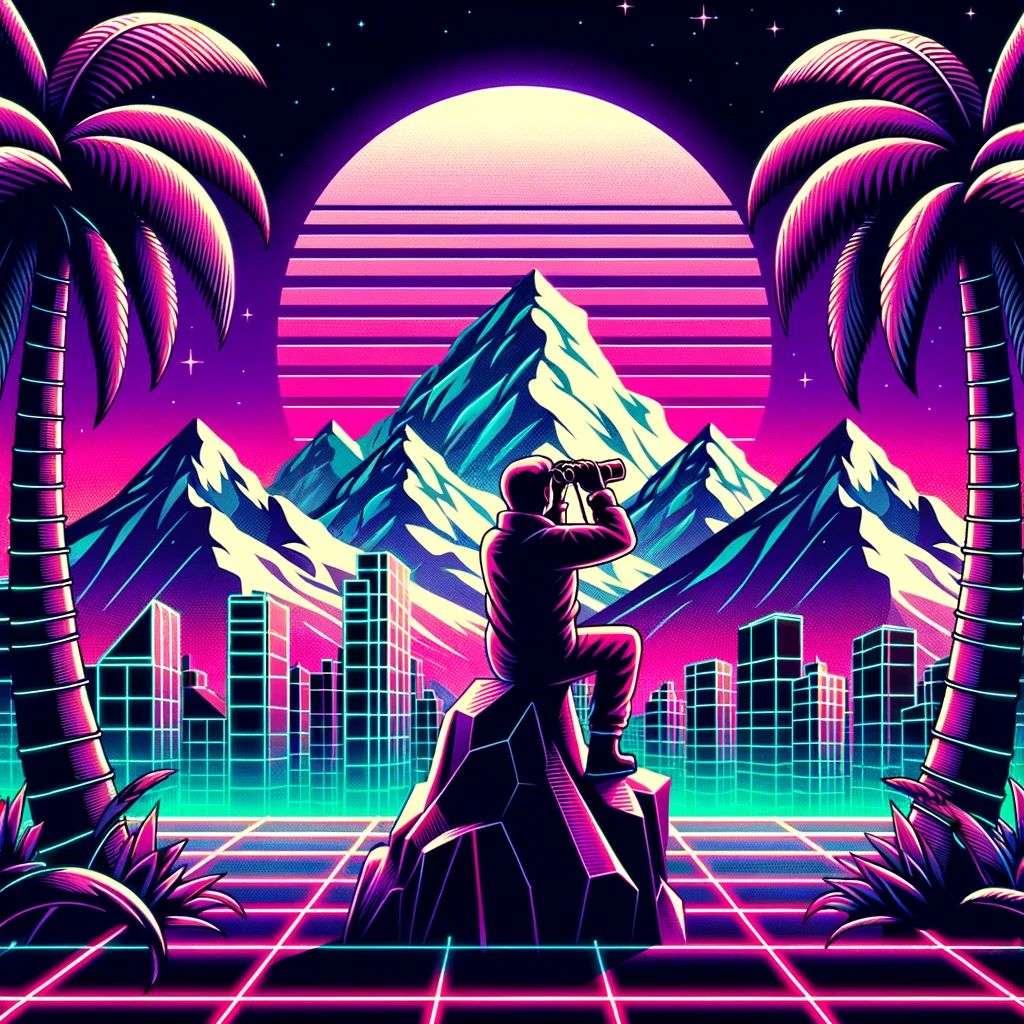 someone gazing at Mount Everest, digital art, synthwave